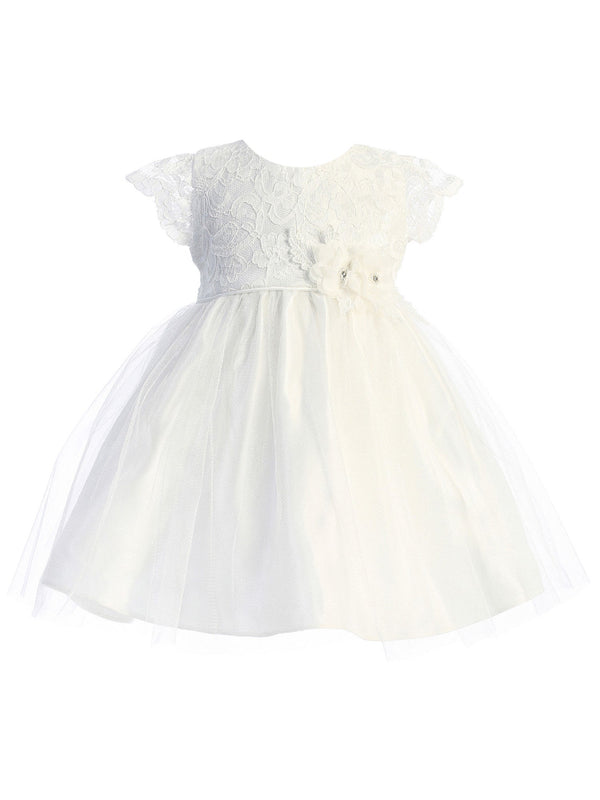 Baby Girls Off White Floral Patch Waist Lace Flower Girl Dress 6-24 Months - SophiasStyle.com